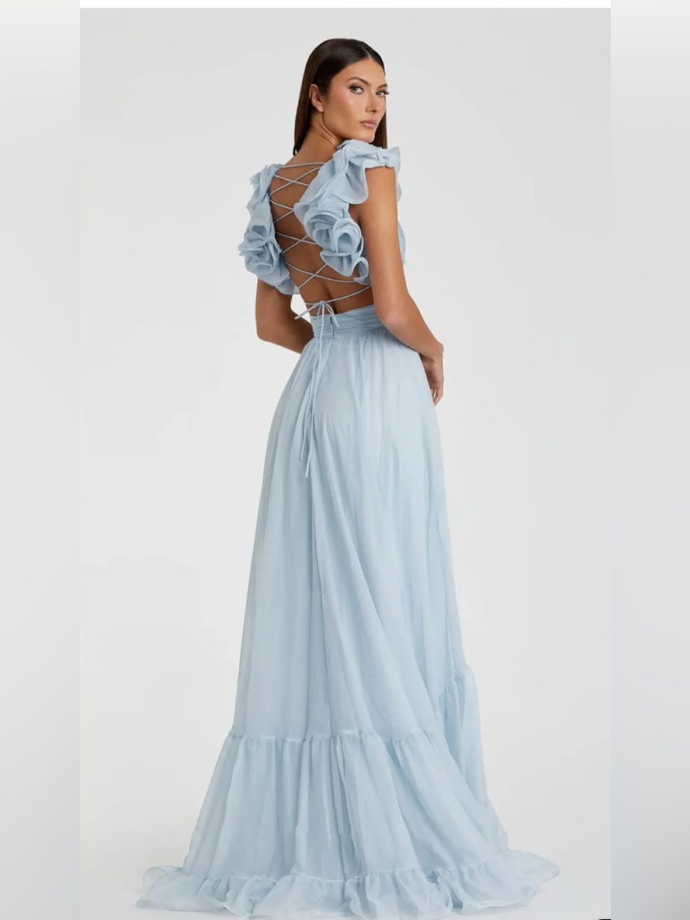 MAC DUGGAL Light Blue Ruffle Tiered Cut-Out Chiffon Gown NWT - Picture 3 of 15